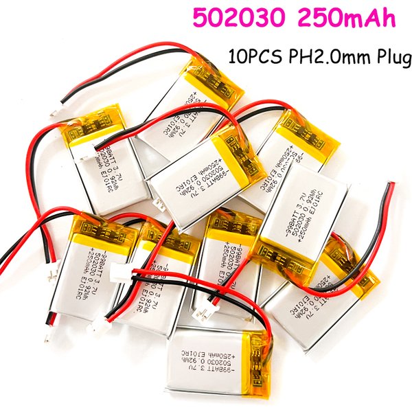 10 szt. 250mAh 3.7V 502030 Akumulatory litowo-polimerowe Lipo z możliwością ładowania, z wtyczką Ph-2.0mm do słuchawek Bluetooth, zabawek, smartwatchów, GPS, lampek LED