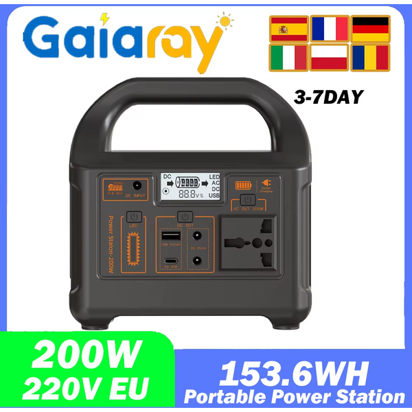 Przenośna stacja zasilania Gaiaray 200W 153.6Wh z ładowaniem solarnym, zasilacz 220V z baterią LiFePo4 do użytku na kempingu i w kamperach.