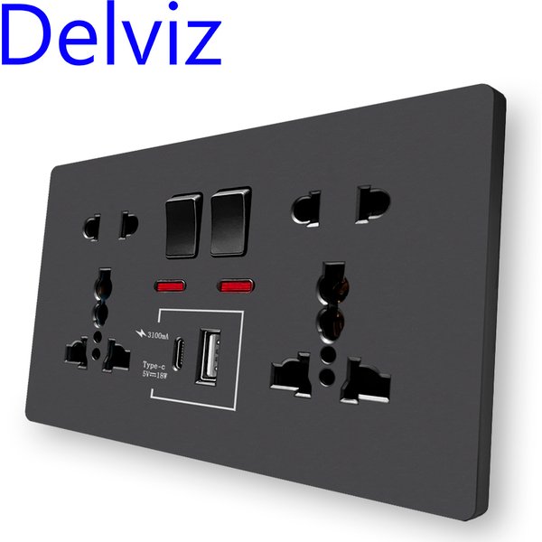 Delviz Wand-Schnelllade-Steckdose, 18W Typ-C-Anschlüsse, Doppelschalter-Steuerung, Universelle Stromsteckdose, USB-Schnittstelle nach UK-Standard