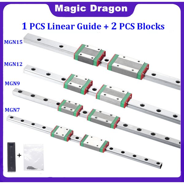 Rail linéaire Miniature MGN7 MGN12 MGN15 MGN9 L 100mm 200mm 500mm à 1000mm + 2 blocs de guidage linéaire MGN pour pièce d'imprimante 3D, 1 pièce