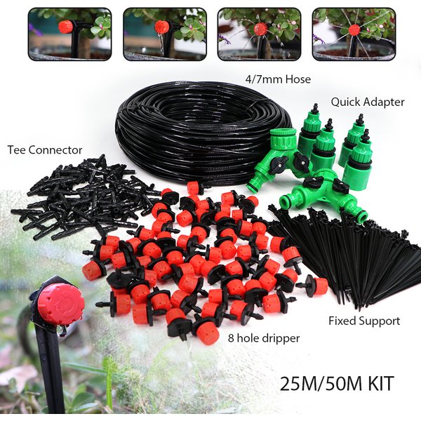 Système d'arrosage automatique pour jardin, 25/50M, Kit d'égouttement pour légumes et fleurs, buse réglable, adaptateur de couplage de tuyau en PVC 1/4 pouces