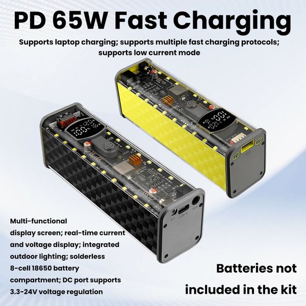 PD 65W Superschnelles Laden, transparentes Powerbank-Gehäuse, lötfreie 8×18650-Batteriebox, DC-spannungseinstellbare DIY-Batteriebox