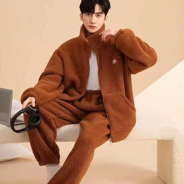 Winter-Herren-Pyjama, Korallen-Fleece, bequem, lässig, für den Innenbereich, verdickter Reißverschluss, Thermo-Cardigan-Pyjama, 2-teiliges Set