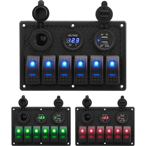 6 Gang Switch Panel Mit 4,2 EIN Dual USB Ports Digital Spannung Display Zigarette Leichter Buchse Wasserdicht Für Auto Boote lkw ATV