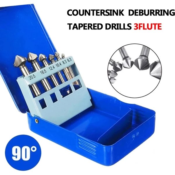 6-teiliges HSS-Fasenfräser-Set, 3-schneidig, Rundschaft 6,3-20,5 mm, konischer Bohrer, 90-Grad-Senkfräser, Entgratungswerkzeug