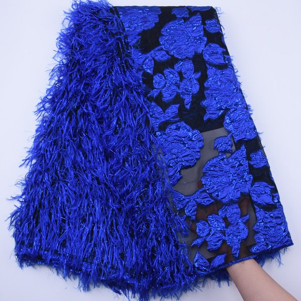 Neueste Royal Blue Französisch Tüll Spitze Stoff Flauschigen Feder Mesh Spitze Afrikanische Spitze Stoff Stickerei Für Hochzeit Kleid