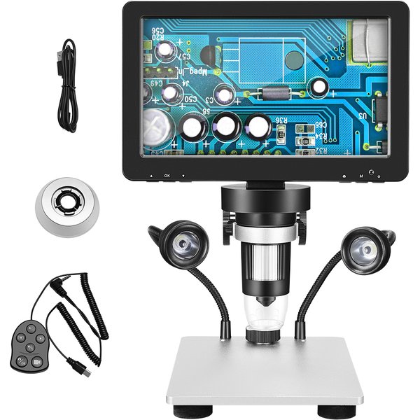 7-Zoll-Profi-Mikroskop, 1200 x 12 MP, digitales Mikroskop mit rotierendem HD-Display, 8 LED-Leuchten/12 Sprachen