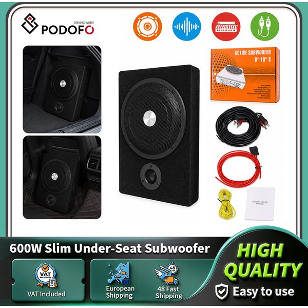 Podofo Subwoofer de voiture ultra-plat 8 pouces 600W, amplificateur audio compact pour voiture, haut-parleur sous siège, subwoofer actif pour voiture