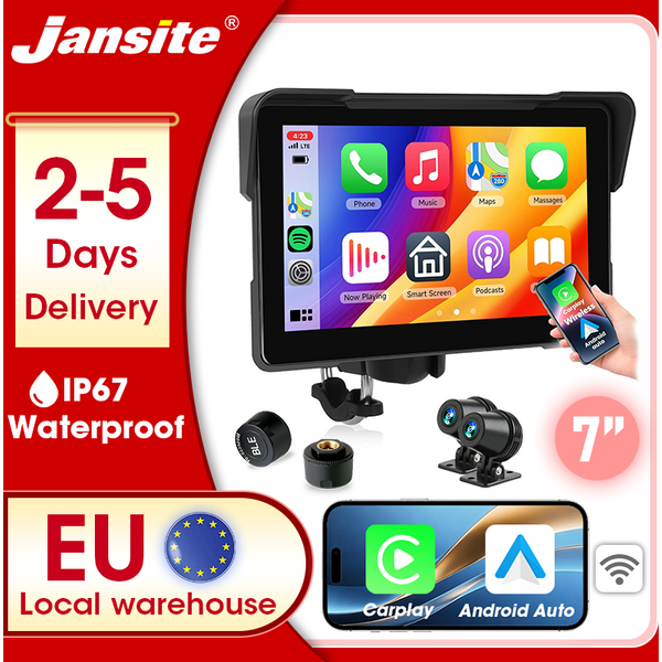 Jansite – Carplay pour moto, 5/7 pouces, 1080P, double objectif, étanche IPX7, Android Auto, navigation GPS, multimédia, DVR, Bluetooth 5.0