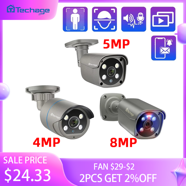 Caméra IP 4K PoE Techage 8MP H.265, vision nocturne couleur, détection humaine par IA, audio bidirectionnel, caméra de sécurité CCTV, ONVIF XMEye/ICSee