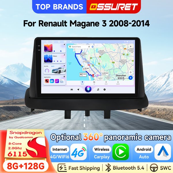 OSSURET 2 Din Autoradio Android 15 Autoradio für Renault Megane 3 2008-2014, optional 360°-Kamera ° Panoramakamera SWC CANBUS Kabelloses Carplay Android Auto DSP Audio 4G-LTE WiFi Geteilter