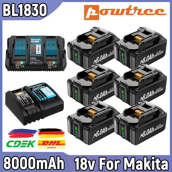 Powtree 8000 mAh für Makita BL1830 Akku 18 V Akku BL1830 BL1815 BL1860 BL1840 Werkzeug-Akku mit 6 A/4 A Ladegerät
