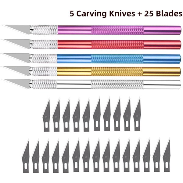 5pcs Carving Knife Handle +25pcs Blades Metal Scalpel Knife Tools Kit Wood Paper Cutter Craft Pen Engraving Cutting Supplies