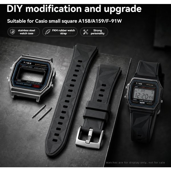Edelstahlgehäuse & FKM-Gummiband & Folien-Set für Casio Square A158 A159 F-91W, Komplettes Mod-Umbauset