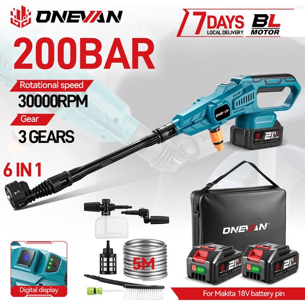 ONEVAN 200Bar Bürstenloser Hochdruckreiniger, kabellos, tragbar, Gartenbewässerung, Autoreinigung, Elektrowerkzeug für Makita-Akku