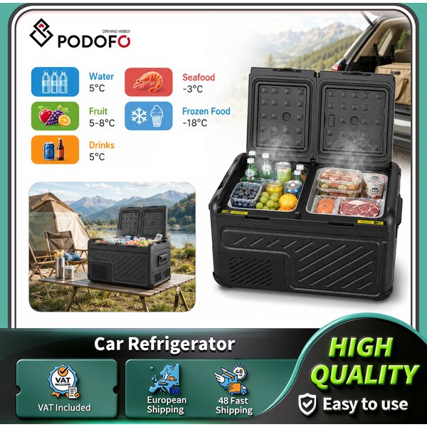 Podofo 35L 45L 55L Réfrigérateur de voiture à double zone, conteneur réfrigéré commercial, mini réfrigérateur congélateur, refroidisseur à compresseur portable à économie d'énergie 12/24V DC -20 ° C à