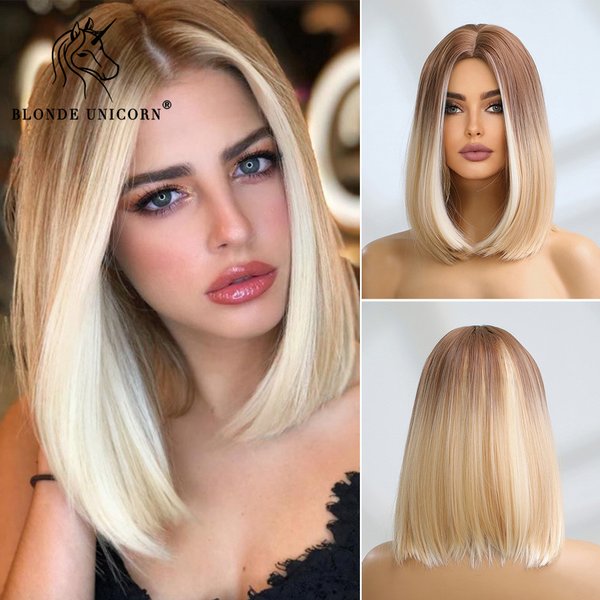 Blonde Unicorn Synthetic Wig Medium Long Ombre Blonde to Platinum For Women Daily Party Cosplay Wigs Heat Resistant Fiber Hair