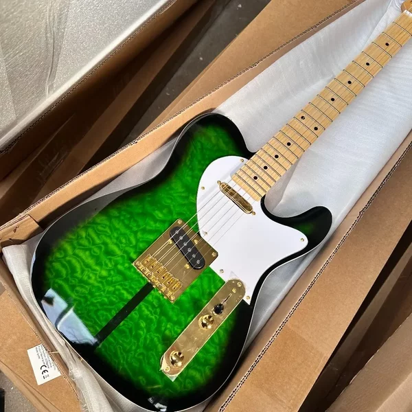 Deutsches Lager Green Burst Quilted Maple E-Gitarre mit Goldbeschlägen, weißem Schlagbrett, SS-Tonabnehmern und glänzender Oberfläche