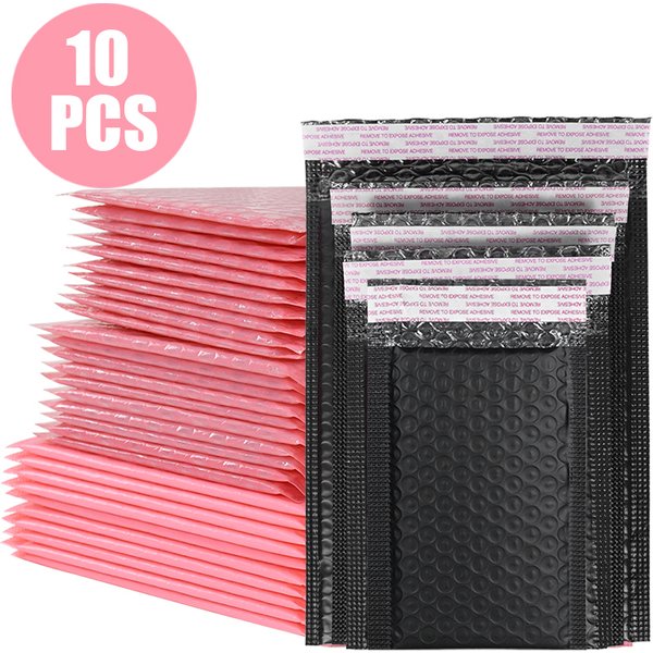 Sac d'emballage de courrier à bulles noir et rose, enveloppe en mousse imperméable, cadeau auto-adhésif, pochette de livraison rembourrée, 10 pièces