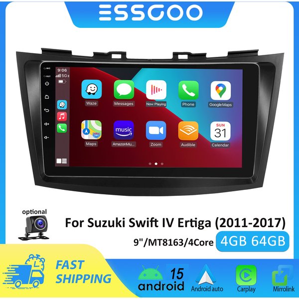 ESSGOO 9-Zoll-Android-Autoradio für Suzuki Swift IV Ertiga 2011–2017, kabelloses Carplay, Android Auto, 4 GB, 64 GB, GPS-Multimedia-Player