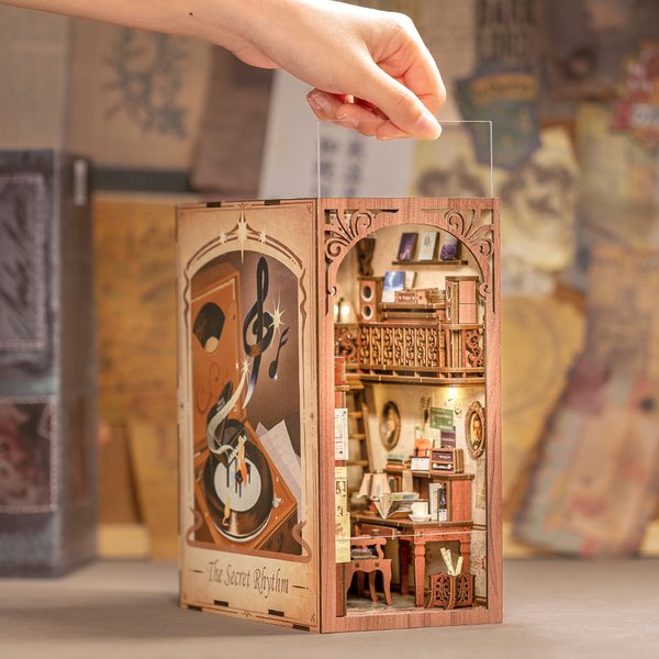 CUTEBEE – Kit de coin livre à monter soi-même, maison de poupée Miniature avec lumière tactile, couverture anti-poussière, étagère, modèle d'insertion, jouets, cadeau, rythme Secret