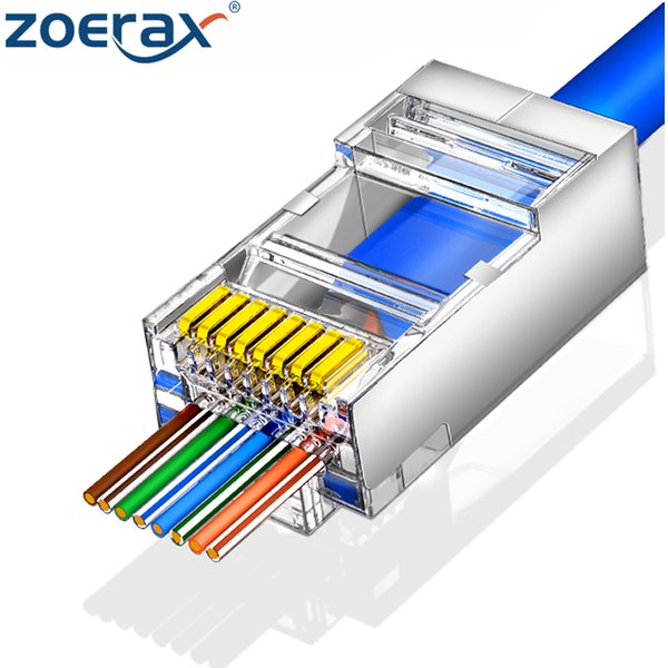 ZOERAX 50/100 pièces blindé RJ45 CAT5 CAT6 connecteurs de passage 1.1mm trou prise modulaire plaqué or 3 broches 8P8C extrémités Ethernet