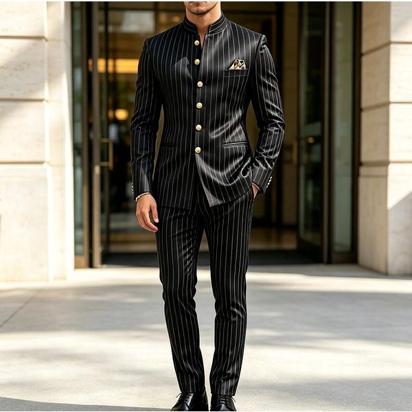 Costume de mariage formel à rayures de luxe pour homme, ensemble 2 pièces, col montant, boutons dorés, smoking de marié, ensemble veste et pantalon pour soirée de gala ou affaires.