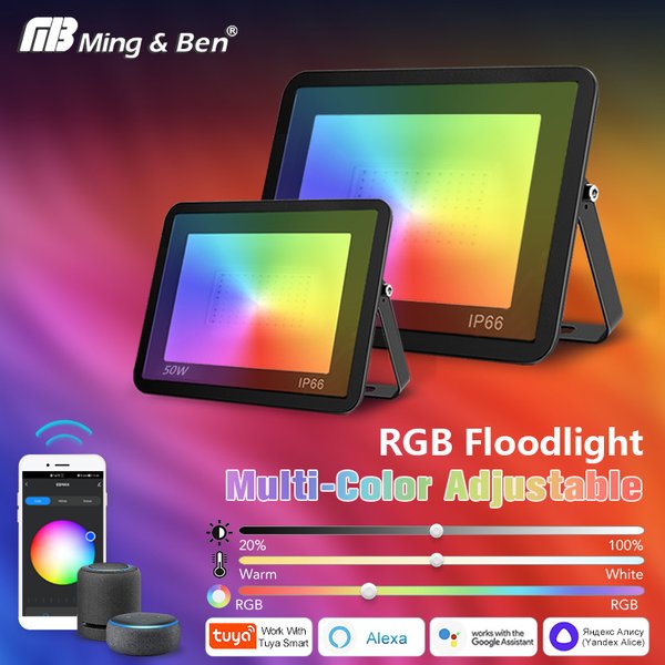 RGB LED Flutlichtstrahler mit TUYA APP Sprachsteuerung Außenbeleuchtung 50W 100W IP66 Wasserdichter Scheinwerfer Landschaftsgartenbrunnen Deko Wandflutlicht