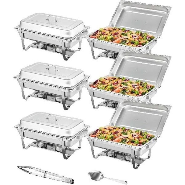 SucceBuy 8QT Rechteckiger Chafing Dish 2/4/6er-Pack mit Vollgrößenpfannen, Buffet-Catering-Wärmer, Servierständer, Faltständer, Brennstoffhalter und Tablett