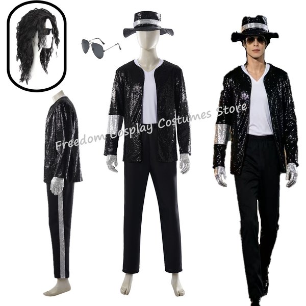 Michael Jackson Cosplay Costume wig Black Fashion Stage Clothing full set Adult Man Woman 80s 90s Hip Hop Halloween Outfit