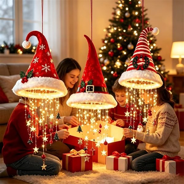 Lustre en forme de bonnet de Père Noël lumineux – Ornements de Noël à LED chaleureux et lumineux, lustre suspendu, 5 styles pour une décoration festive