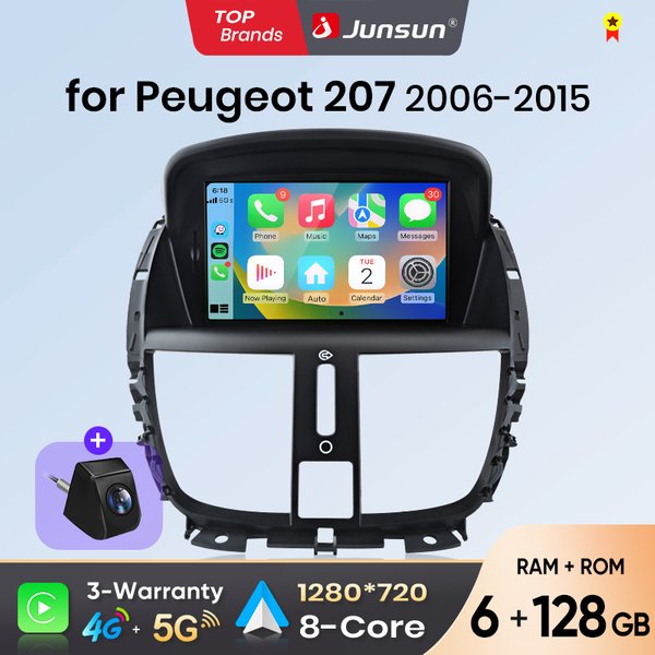 Junsun 7-Zoll Kabelloses CarPlay Android Auto Autoradio für PEUGEOT 207 207CC 2006 2007-2015 Multimedia Kabelloses Apple CarPlay Intelligente Systeme IPS Touchscreen Stereo-Videoplayer 2 Din Autoradio