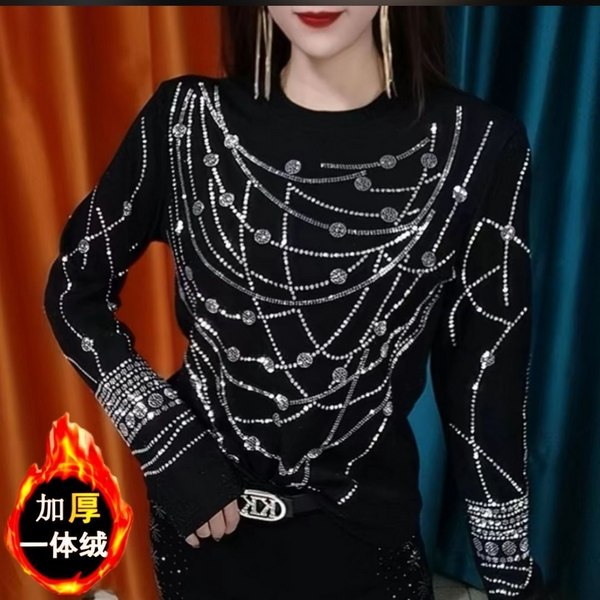 Frauen Kleidung Herbst Winter Koreanische Mode Strass Samt Dicke Grundlegende T-shirts Elegante Schwarz O Hals Langarm Schlank Tops