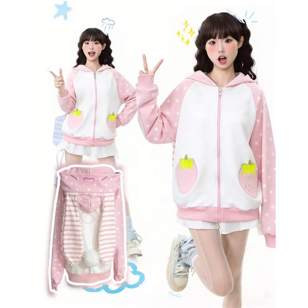 Japanese Kawaii Sweatshirt Long Seleeve Casual Women Subculture Hoodies Dots Print Coat Cute Sweet Style Chic Women Clothing