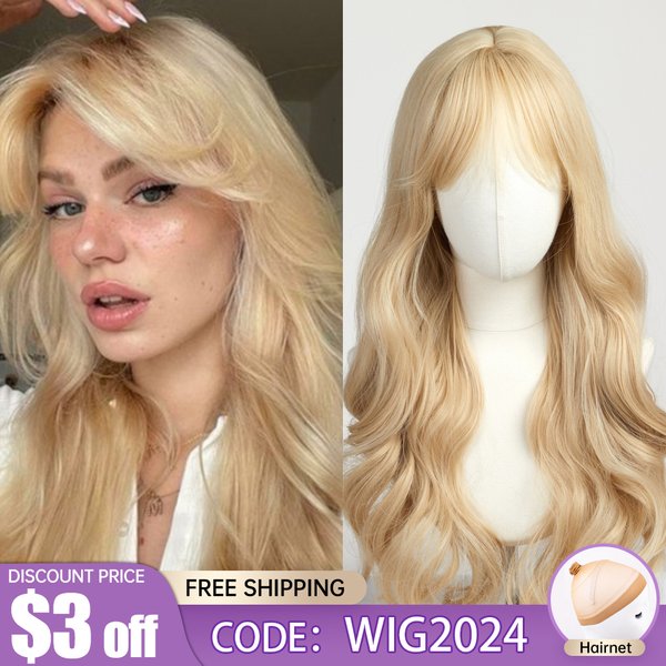 EASIHAIR – perruques synthétiques ondulées dorées, blond sable, avec longue frange, perruques de fête Lolita pour Cosplay, naturelles résistantes à la chaleur pour femmes