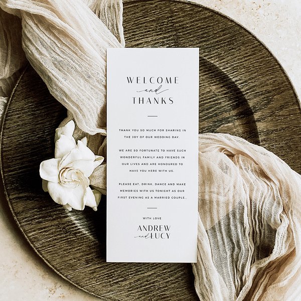 Carte de table personnalisée avec le nom du couple, invitations de mariage, remerciements, menu de bienvenue, cartes de placement, décor moderne minimaliste modifiable