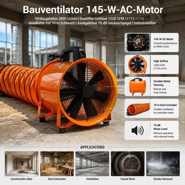 Tragbare industrielle Luftzirkulationsanlage, 298 x 250 x 320 mm, passend für 10 Meter Luftröhre, leistungsstarke Luftstromstruktur zur Staub- und Rauchentfernung, Werkstattausrüstung. Versand aus