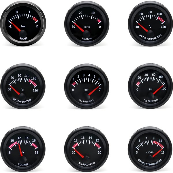 52 mm Wassertemperatur/Öltemperatur/Voltmeter/Ölpresse BAR PSI/Vakuum/Boost-Messgerät/Luft-Kraftstoff-Verhältnis/EGT-Messgerät mit Sensor, passend für 12 V Auto