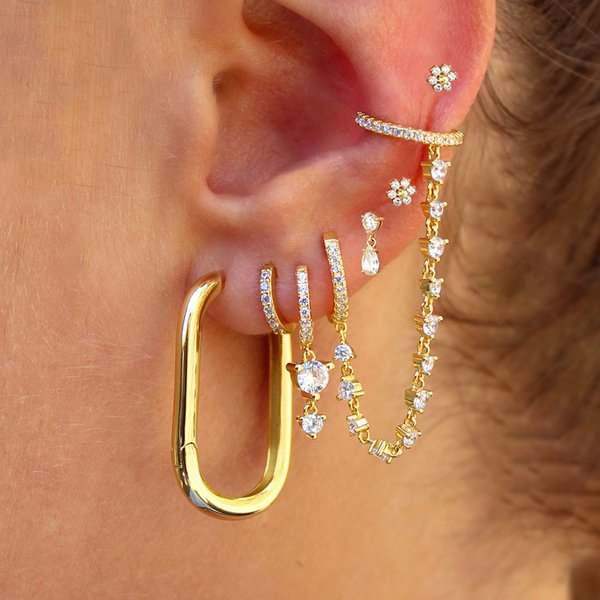 Boucles d'oreilles en acier inoxydable pour femmes, nouveau Design, chaîne en zircone cubique, goutte d'eau carrée, Punk, Cartilage, Piercing, bijoux