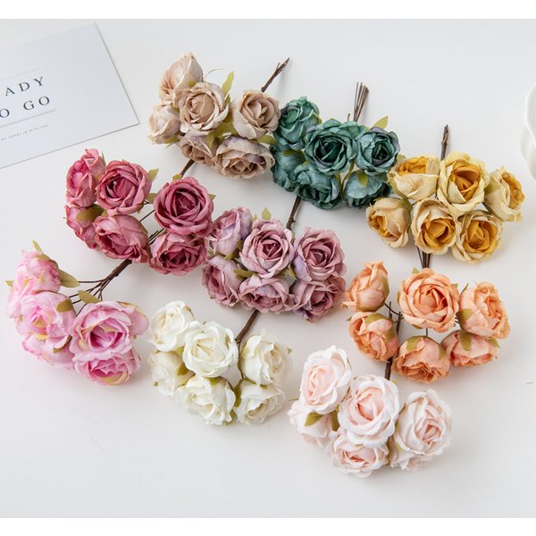 Artificial Flowers Silk Tea Rose Wedding Bouquet Decorative Wreath Christmas Decoration for Home Room Diy Gifts Box Bride Brooch