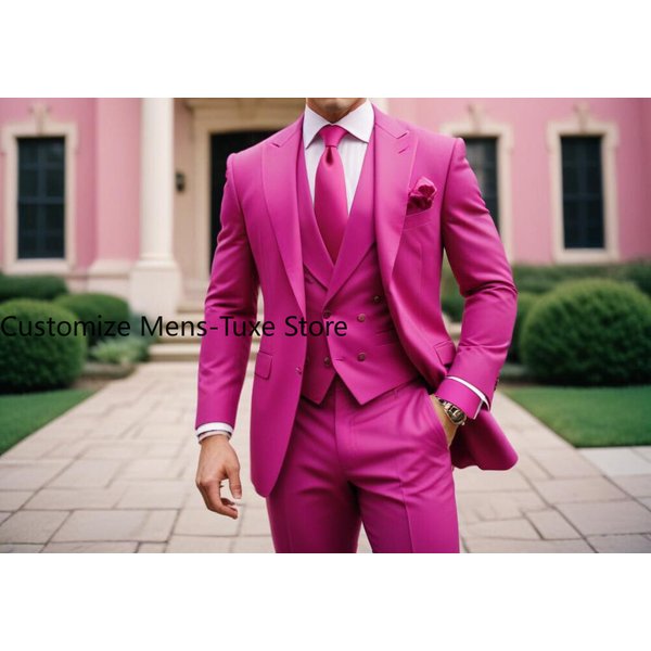 Costume 3 pièces rose pour homme, coupe ajustée, élégant, formel, décontracté, veste, gilet, pantalon