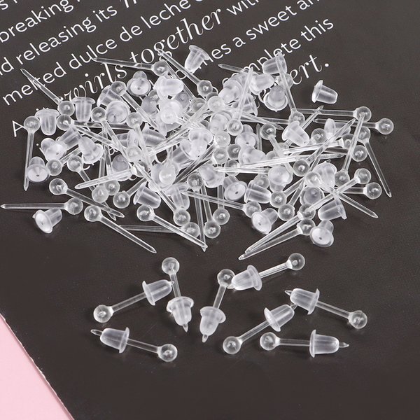 Ensemble de 100 boucles d'oreilles boule en plastique, épingles d'oreille transparentes, dos de boucles d'oreilles en résine, sans Nickel, retenue de perçage, accessoires d'oreille DIY