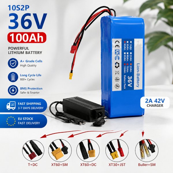 36V 100Ah Lithium-Akkupack 10S2P 18650 Ersatzakku für Elektroroller E-Bike Motorrad mit BMS EU-Lagerbestand