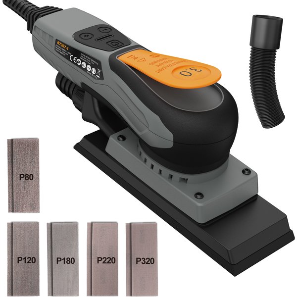Flächenschleifer 350W bürstenlos von ONEMANA, Exzenterschleifer mit quadratischer Basis und 6 variablen Geschwindigkeitsstufen, elektrischer Handschleifer mit Staubabsaugung, geringe Vibration für