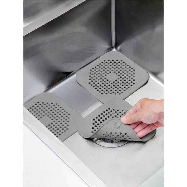 1PC Soft Rubber TPR Floor Drain Anti Blocking Filter Screen Square Gray Suction Cup Cover Sewer Hair
