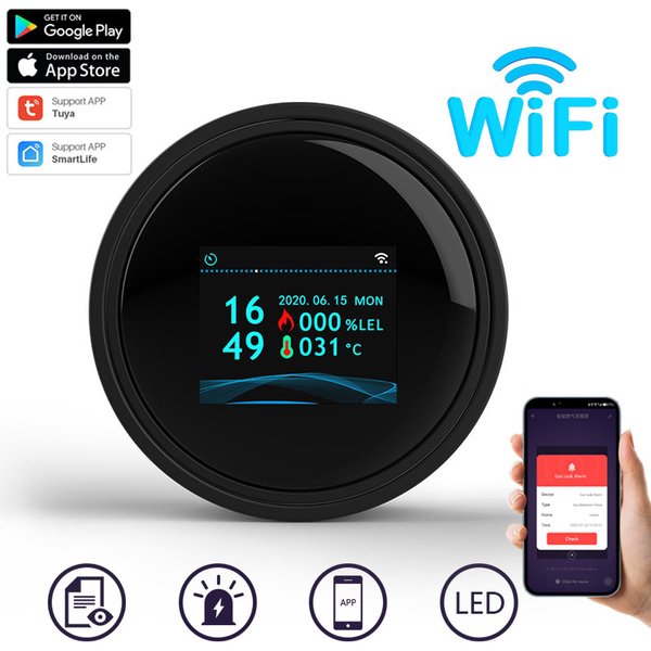 Wifi Natural Gas Sensor Tuya Smart Alarm Gas Leakage Detector Fire Security Digital LCD Temperature Display for Home Kitchen