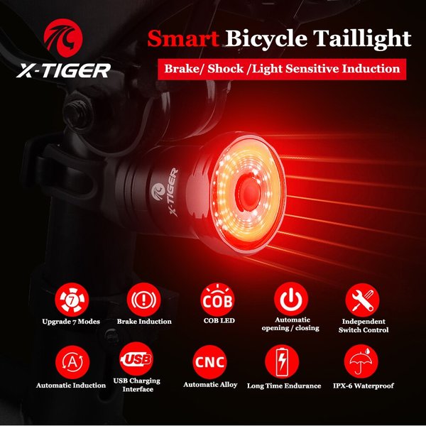 Enquêter arrière de vélo X-TIGER feu arrière de détection de frein intelligent feu arrière de vélo IPX6 étanche LED charge feu arrière accessoires de cyclisme