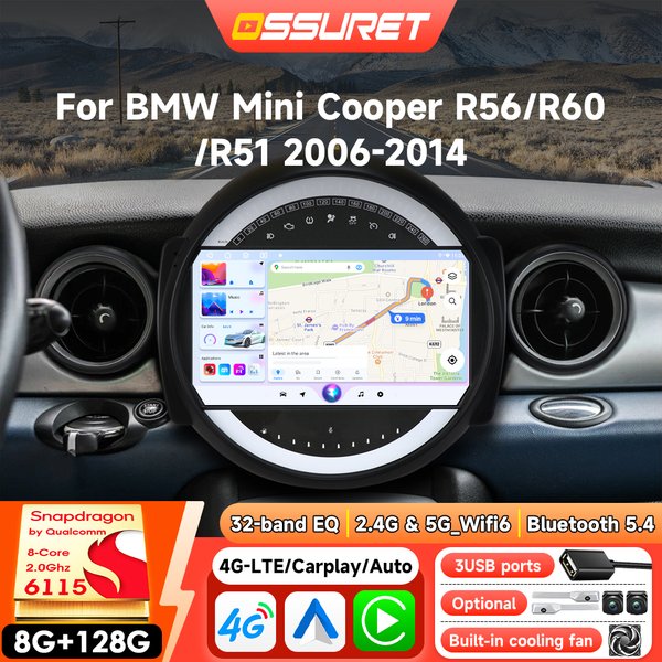 Android-Autoradio-GPS-Player für BMW Mini Cooper R56 R60 R51 2006 - 2014, kabelloses CarPlay, intelligenter Bildschirm, Stereo-Multimedia