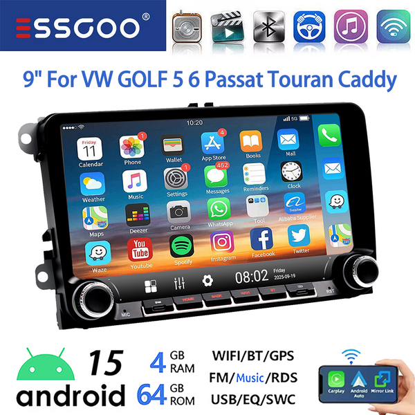 ESSGOO Android 15 9 Zoll 64G Für VW GOLF 5 6 Plus Touran Caddy Kabelloses Carplay Autoradio GPS NAVI WIFI SWC RDS BT USB TypeC