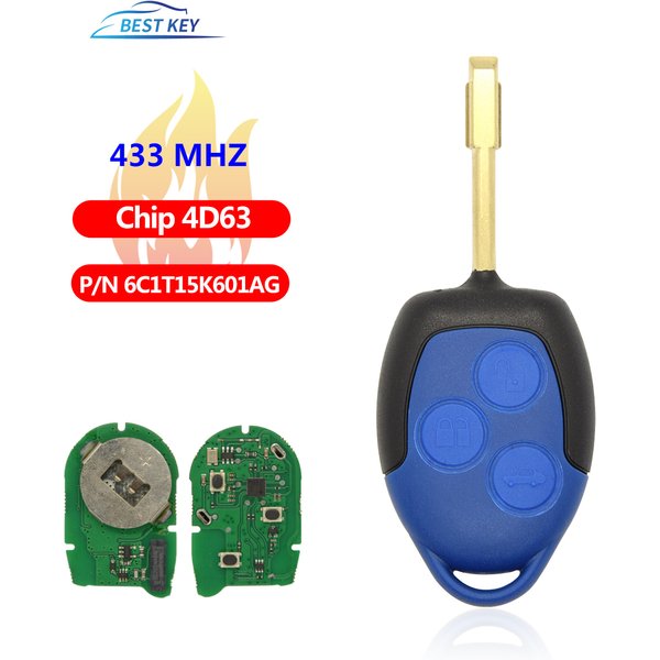 BESTER SCHLÜSSEL 3-Tasten-Auto-Fernbedienungsschlüssel 4D63, 433 MHz, P/N: 6C1T15K601AG, schwarze Klinge für Ford Transit WM VM 2006–2014, Autoschlüsseloriginal
